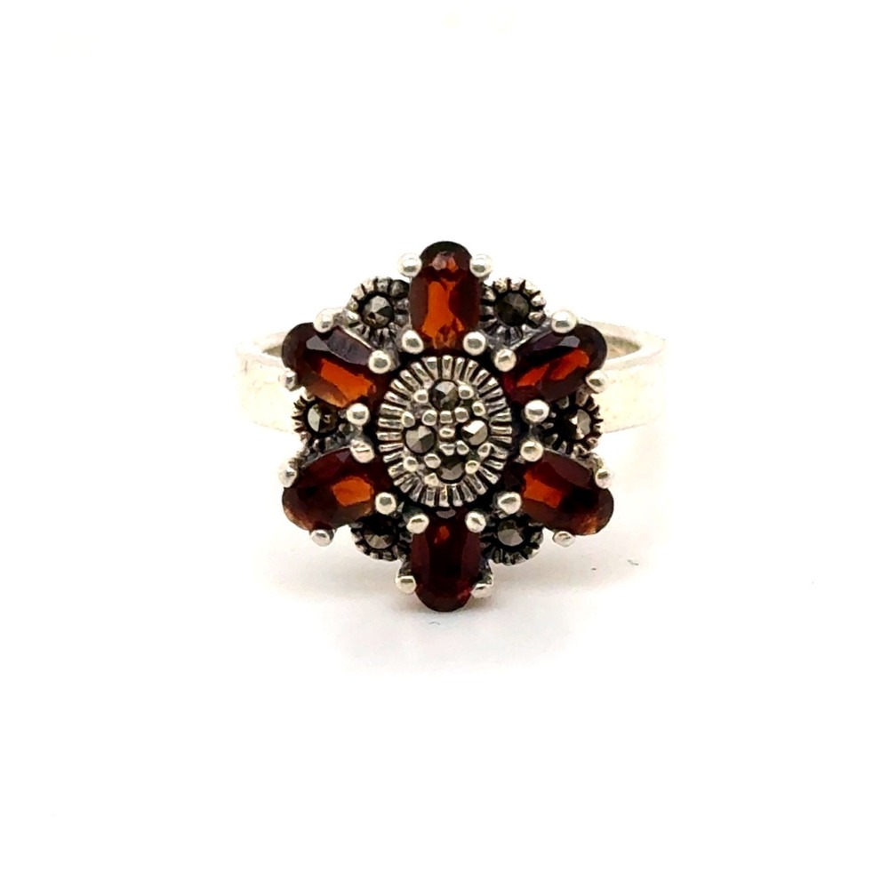 Sterling Silver Marcasite Garnet Flower Cluster Ring Size 7 Vintage Style 925